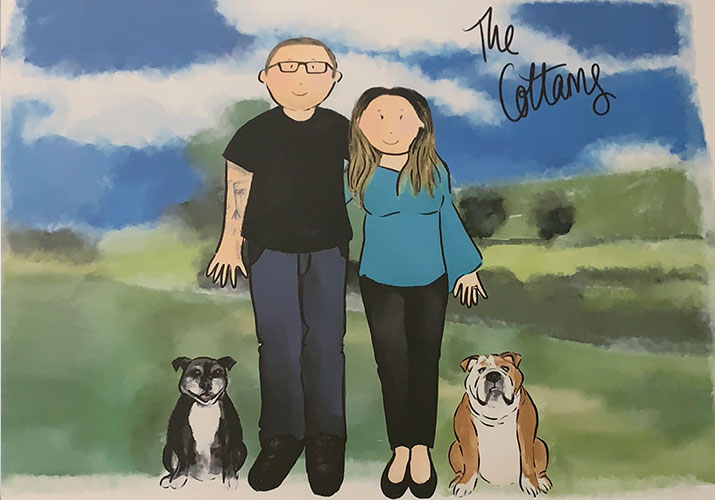 A drawing of Jade and her partner Alex with their dogs
